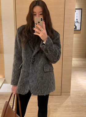 韩国代购女装2025冬款BETONE毛绒温暖帅气有型单排扣西服毛外套