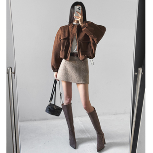时尚 韩国正品 新款 LAG2025冬季 通勤纯色A字高腰腰带毛呢半身裙 女装