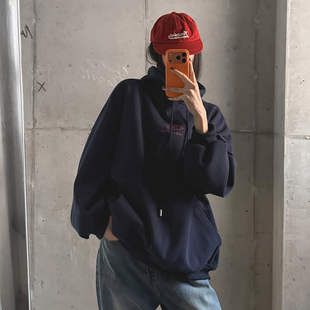 女装 宽松加绒纯色连帽长袖 LAG2025冬季 时尚 中长卫衣 新款 韩国正品