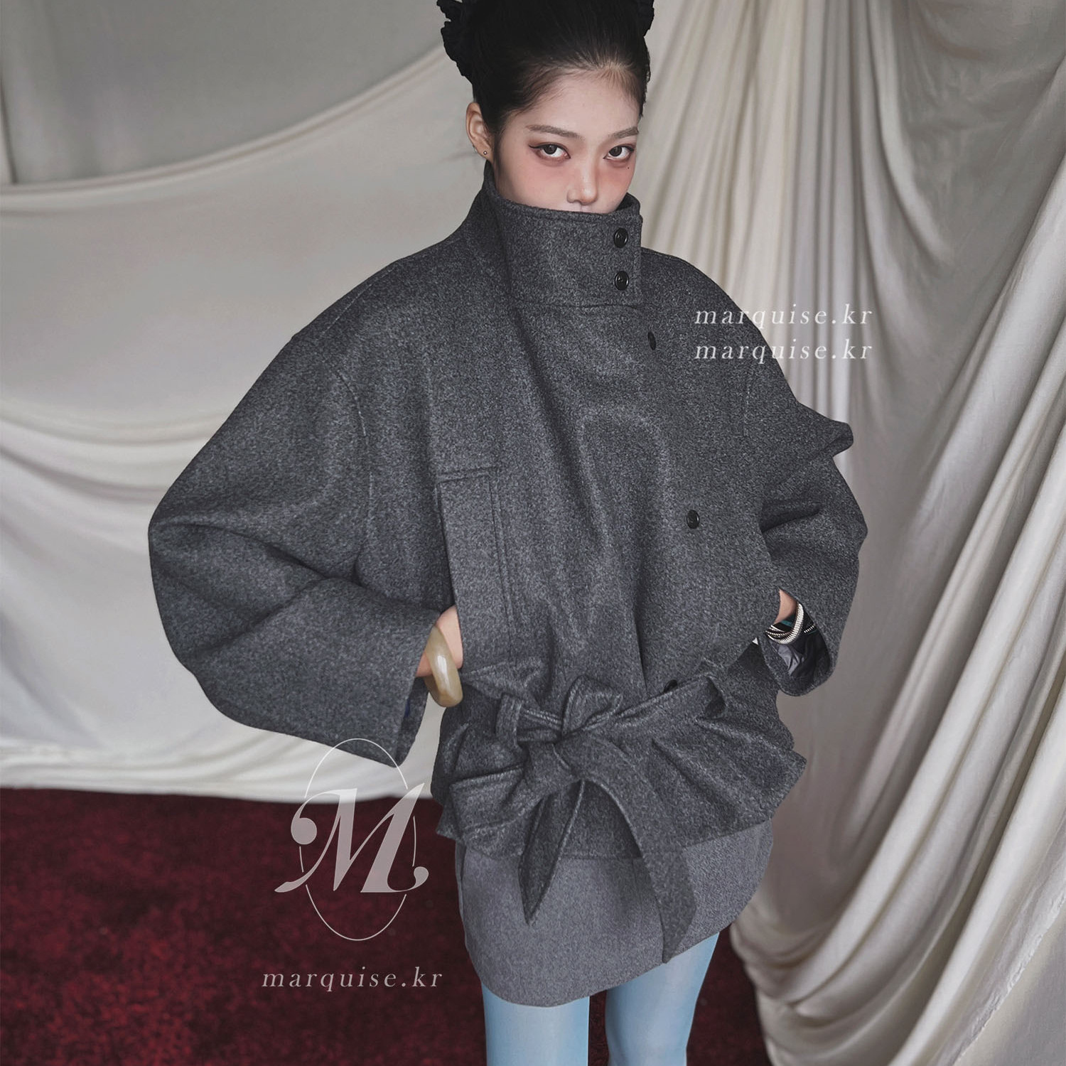 英伦风立领系腰带毛呢短款外套