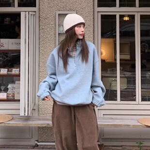 韩国代购女装2025冬款BERTHA立领毛绒温暖宽松纯色气质卫衣绒衫