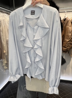 韩国代购女装2026早春OUS/INCH-L气质荷叶领长袖V领文艺纯色衬衫