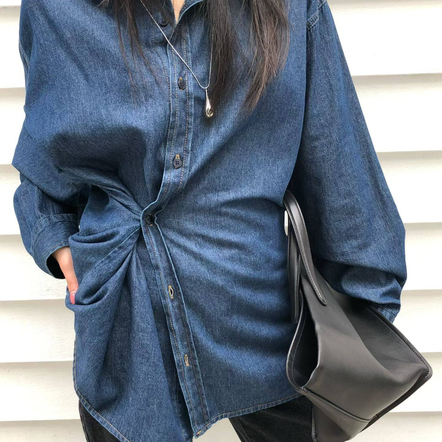 翻领宽松可侧系扣潮款牛仔衬衫