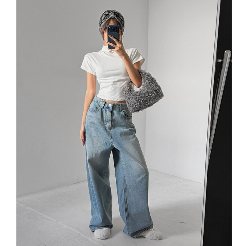 韩国正品女装LAG2025冬季新款时尚通勤高腰水洗磨白阔腿牛仔长裤,女装/女士精品,牛仔裤,淘宝优惠券,粉丝福利购,淘宝优惠卷