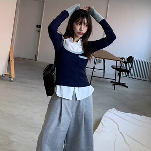 韩国代购女装2025冬款BERTHA拼色大领口修身显瘦长袖气质打底T恤