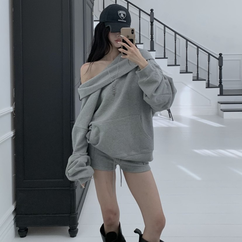 韩国正品女装2025冬季新款时尚通勤纯色宽松露肩连帽长袖休闲卫衣,女装/女士精品,卫衣/绒衫,淘宝优惠券,粉丝福利购,淘宝优惠卷