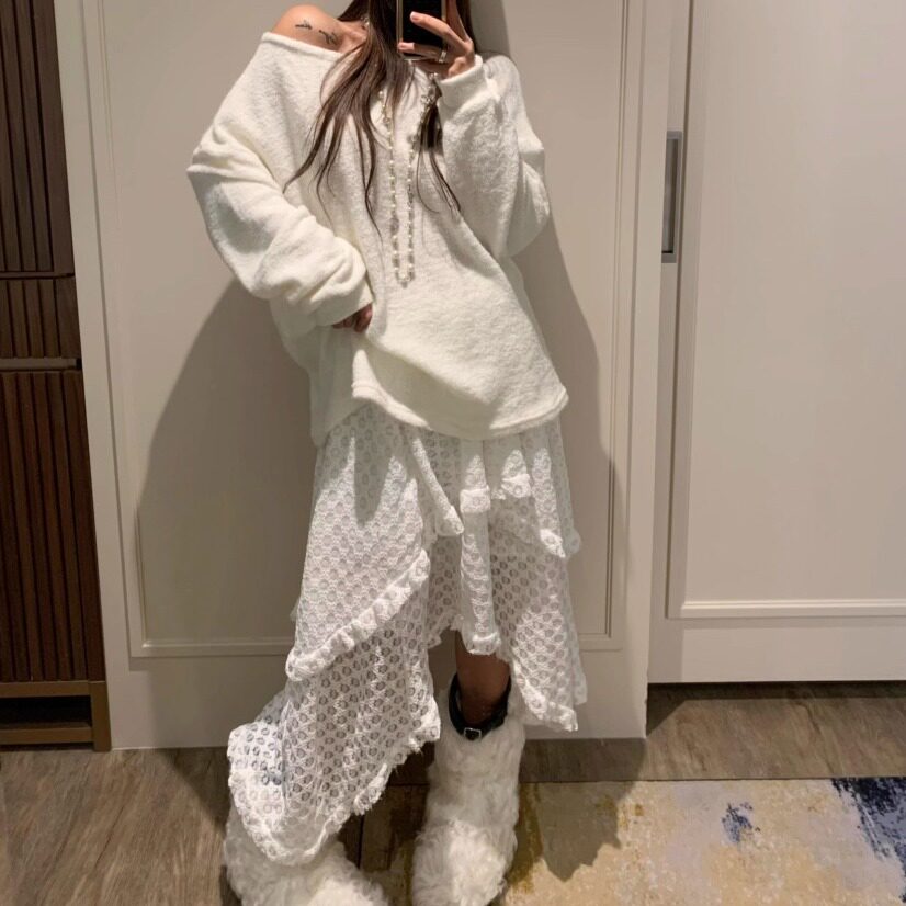 不规则下摆镂空层叠飘逸半身长裙