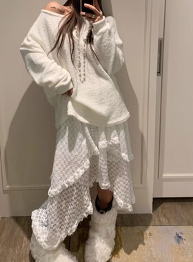 韩国代购女装2025冬款VIRKIN优雅不规则下摆镂空层叠飘逸半身长裙