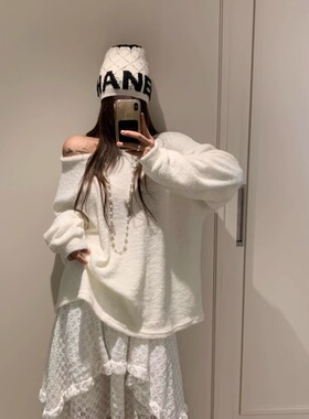 韩国代购女装2025冬款VIRKIN优雅大领口宽松可露肩纯色气质针织衫