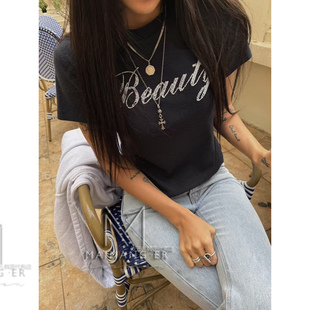 现~韩国代购女装2025夏Abbeylee潮款字母个性短袖修身显瘦时尚T恤