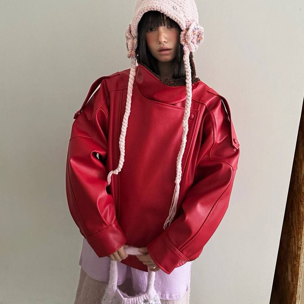 超酷刺绣玫瑰机车款毛绒皮衣外套