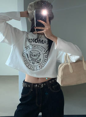 韩国代购女装2025冬款VERANDA假两件拼接袖潮流印花宽松短T恤