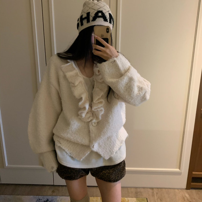 荷叶边宽松廓形针织开衫毛衣