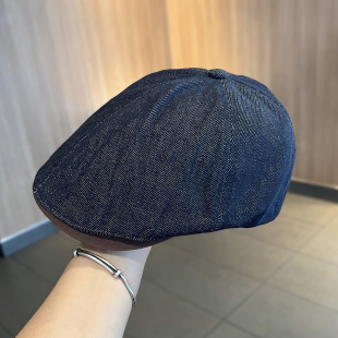 牛仔前进帽女春秋美式 简约街头百搭鸭舌帽 复古英伦风贝雷帽子新款