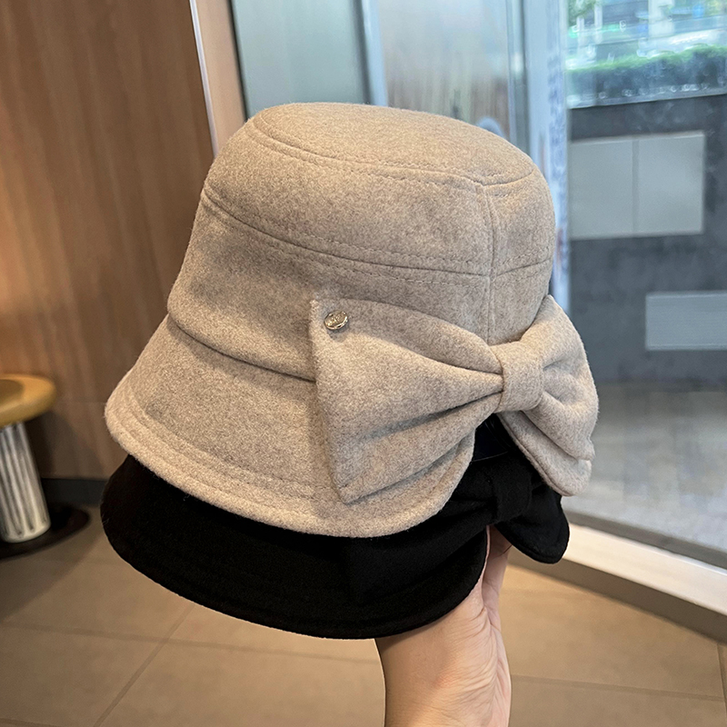 蝴蝶结毛呢渔夫帽女秋冬保暖