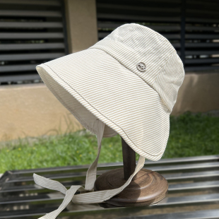 大帽檐条纹渔夫帽女夏季 遮脸灯罩帽子 出游遮阳防晒帽可折叠环绕式