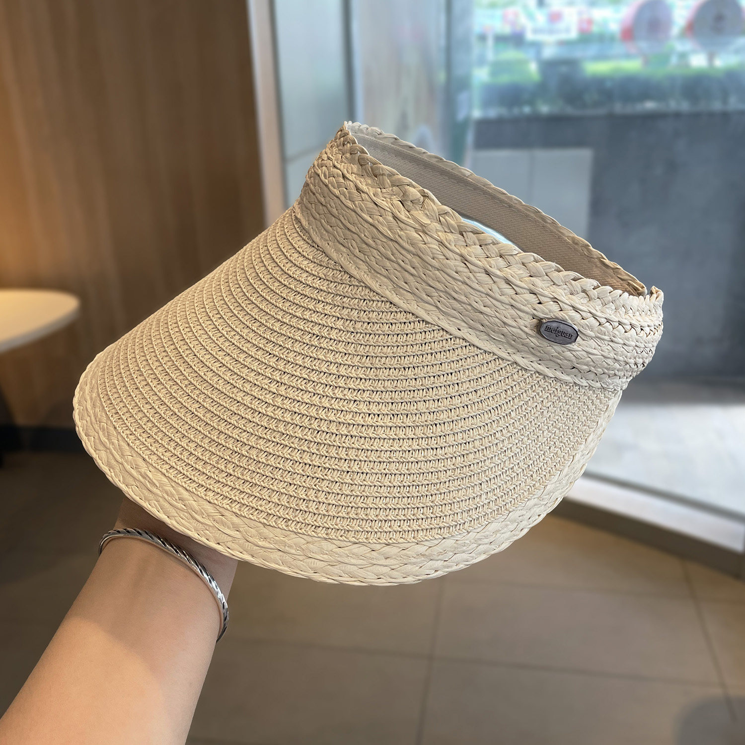 纯色草编空顶帽女夏季户外大帽檐发箍遮阳帽出游海边沙滩防晒帽子