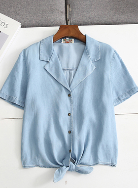 国内单100%LYOCELL 夏季女式西装小翻领下摆打结天丝牛仔短袖衬衫