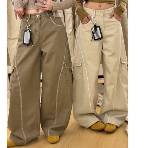 2026春秋新款牛仔宽松重工军绿色工装阔腿弯刀牛仔裤女直筒裤子女