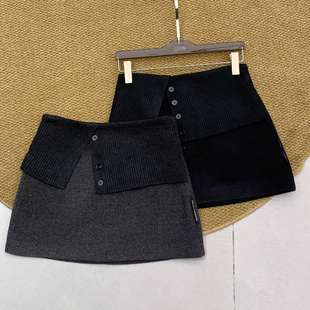 欧洲站2025年冬季新款百搭显瘦女假两件纽扣毛呢半身裙短裙女欧货