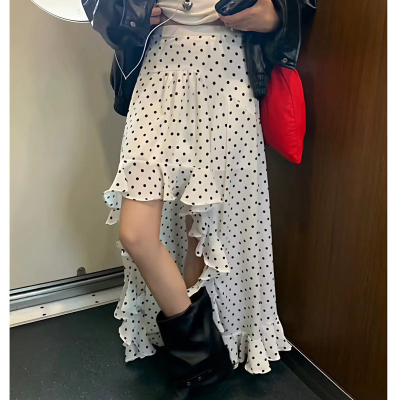2026白波点半身裙女春季高腰显瘦不规则荷叶边a字裙长裙子