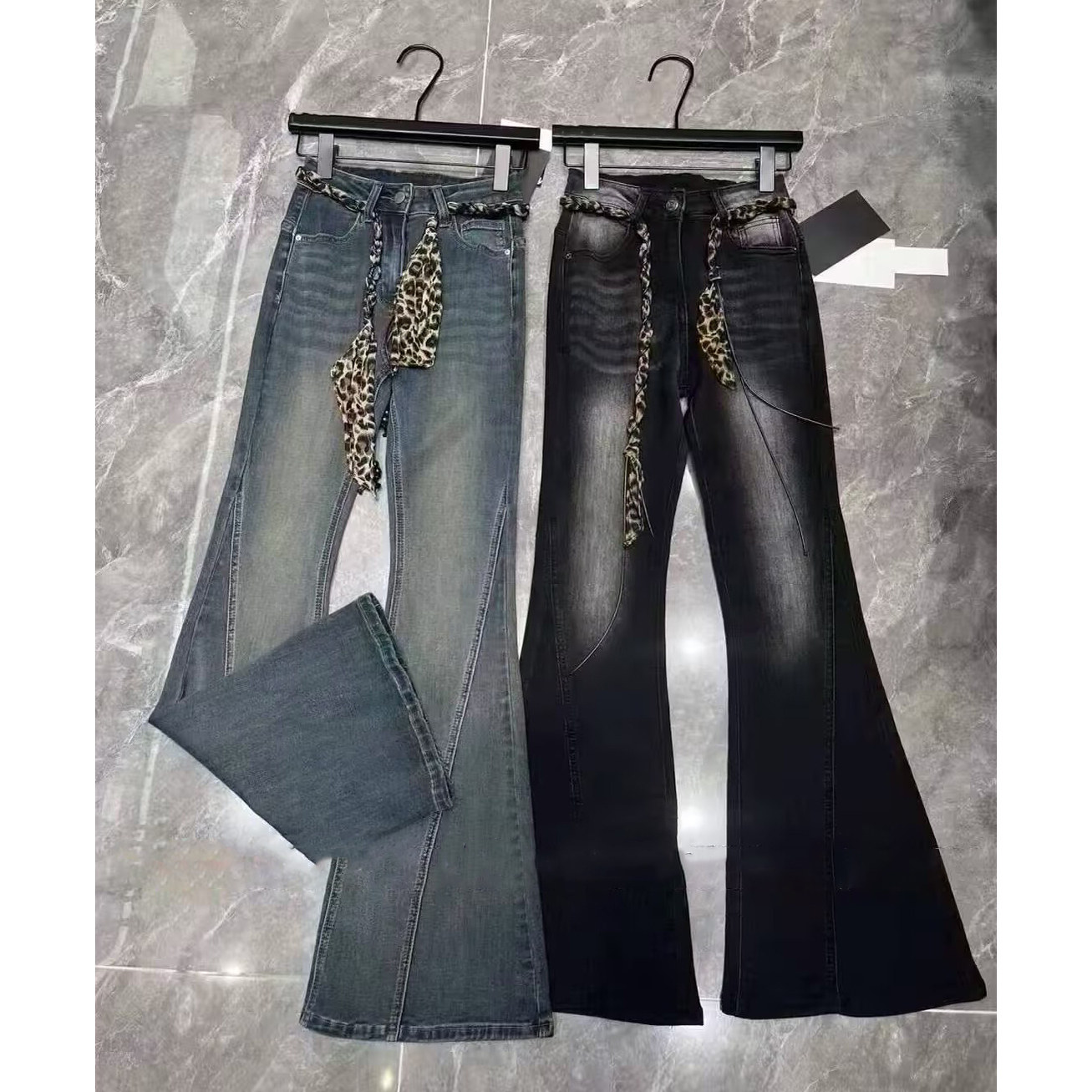 2025早秋韩版美式高腰牛仔裤女辣妹磨白设计垂感喇叭裤配豹纹腰带,女装/女士精品,牛仔裤,淘宝优惠券,粉丝福利购,淘宝优惠卷