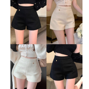 秋冬季洋气软糯毛绒休闲短裤外穿百搭白色裤子阔腿高腰靴裤女宽松