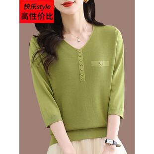 中袖 品牌桑蚕丝春夏女式 母亲v领上衣西式 t恤轻薄优雅 针 三分之袖