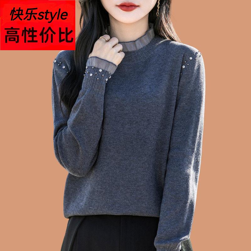 蕾丝钉珠半高领毛衣女秋冬季2025新款洋气宽松短款羊毛针织打底衫