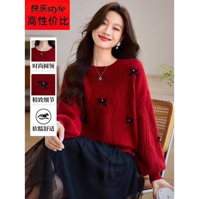 今年流行爆款的蝴蝶结针织上衣女2025新款秋冬宽松红色毛衣打底衫
