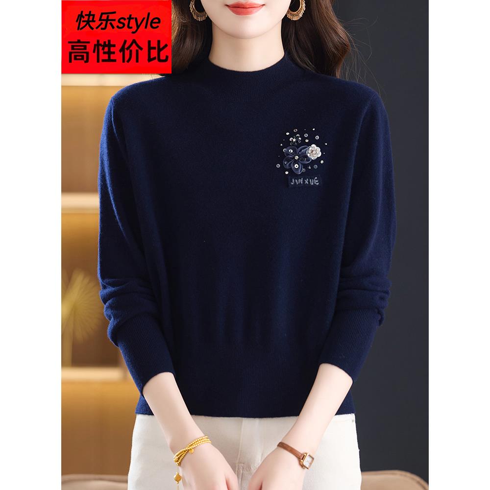 时尚新款%纯羊绒衫女半高领毛衣短款小个子高腰秋冬打底衫上衣