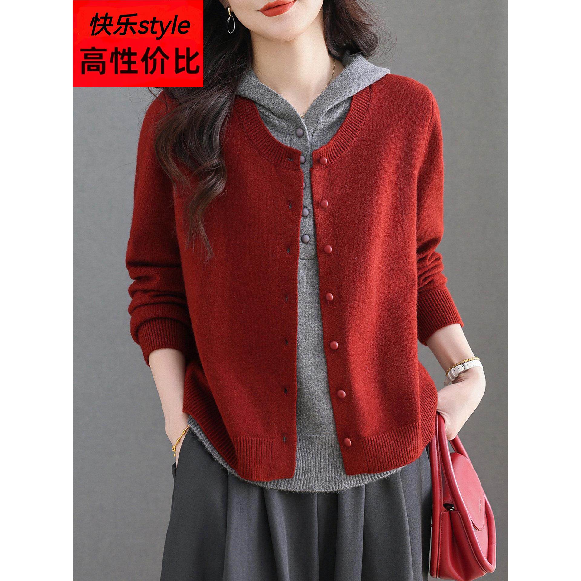 假两件上衣女时尚洋气减龄连帽针织衫2025新款春秋季休闲外穿毛衣