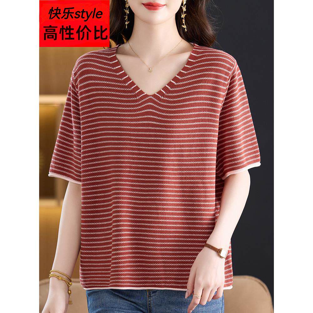 夏季新款女装短袖针织衫特大号胖毫米外国风格减龄条纹上衣宽松显