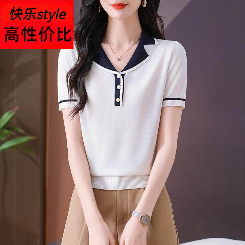 polo领短袖冰丝针织T恤女2025新款春夏洋派遮肚子显瘦上衣薄小衫