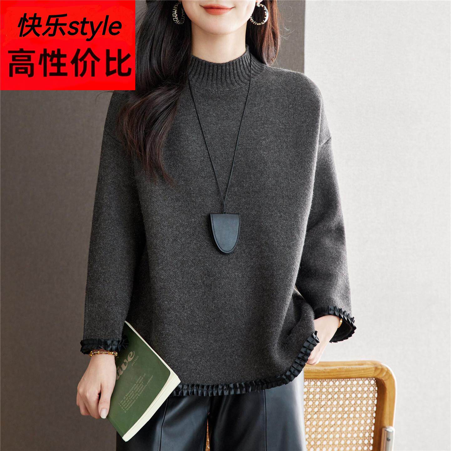 灰色半高领毛衣女款2025新款秋冬保暖宽松内搭中长针织衫打底上衣