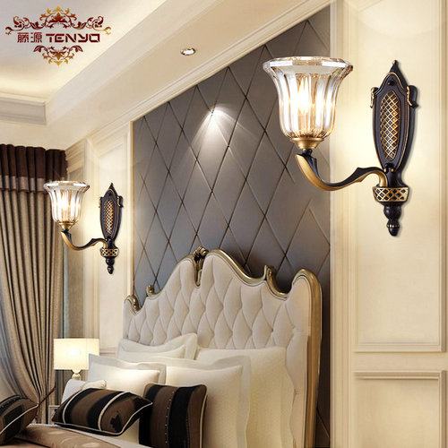 美式全铜壁灯卧室床头灯黑色复古轻奢欧式客厅背景墙过道走廊灯i.