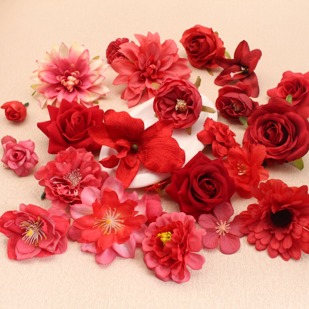 红色系仿真花花朵 手工diy头饰发饰簪花痛包配饰婚庆假花布景装饰