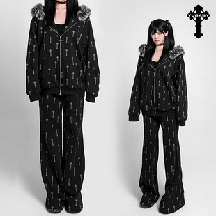 满印十字架哥特风暗黑风卫裤微喇显瘦宽松舒适秋冬长裤喇叭型裤子