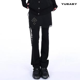 YUBABY喇叭裤 打底显瘦围裙假两件蕾丝拼接哥特十字架古早复古
