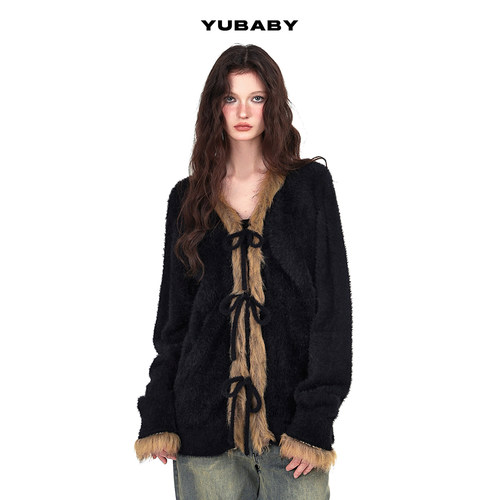 貂绒开衫拼接毛衣外套小雨家系带