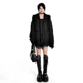 YUBABY摇滚小香风挂脖流苏毛边金属环环个性 毛衣外套 暗黑风开衫