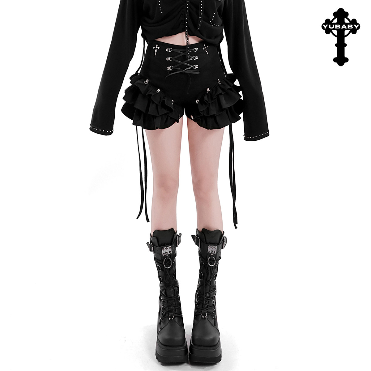 【大花边短裤高腰】交叉绑带蓬蓬裙式短裤个性显瘦阔腿牛仔短裤裙