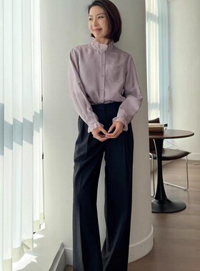 诺诺家2026春上新荷叶边长袖立领单排扣宽松桑蚕丝衬衫YS88-G430