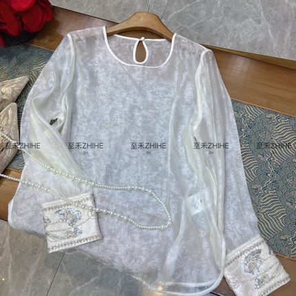 诺诺设计新极简大牌老钱新中式重工刺绣钉珠光影丝小衫YS3-t154