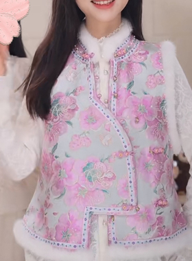 诺诺冬上新重磅织金宋锦桃花仙子新中式水貂毛夹棉马甲42913