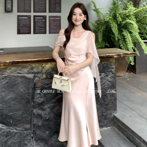 SE GENTLE SU诺女浮光法式浪漫飘带缎面收腰褶皱鱼尾连衣裙88553