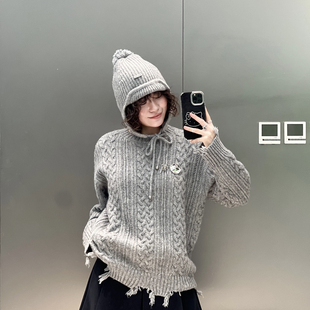 诺诺家2025冬上新慵懒风毛球帽麻花针织衫 0272 毛衣保暖毛衣QF14