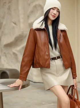 诺诺设计棉衣蛋白皮夹克机车风皮衣(配可拆卸仿羊羔毛毛领)26787