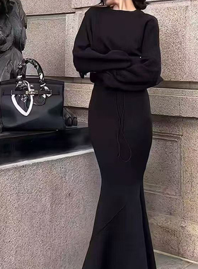 诺诺欧货气质慵懒风羊绒简约抽绳卫衣+鱼尾裙半身裙套装A70055