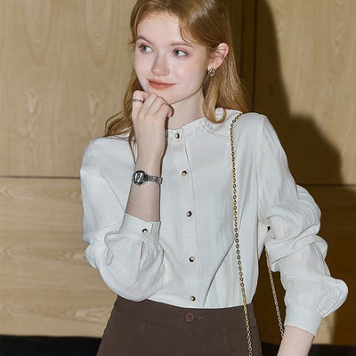 融诺26春上新法式气质百搭亚麻木耳边立领精致长袖衬衫X3381